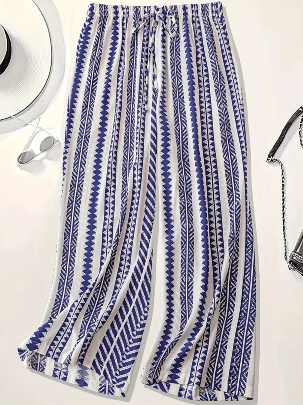 SHEIN White and Blue Printed Wide-Leg Pants